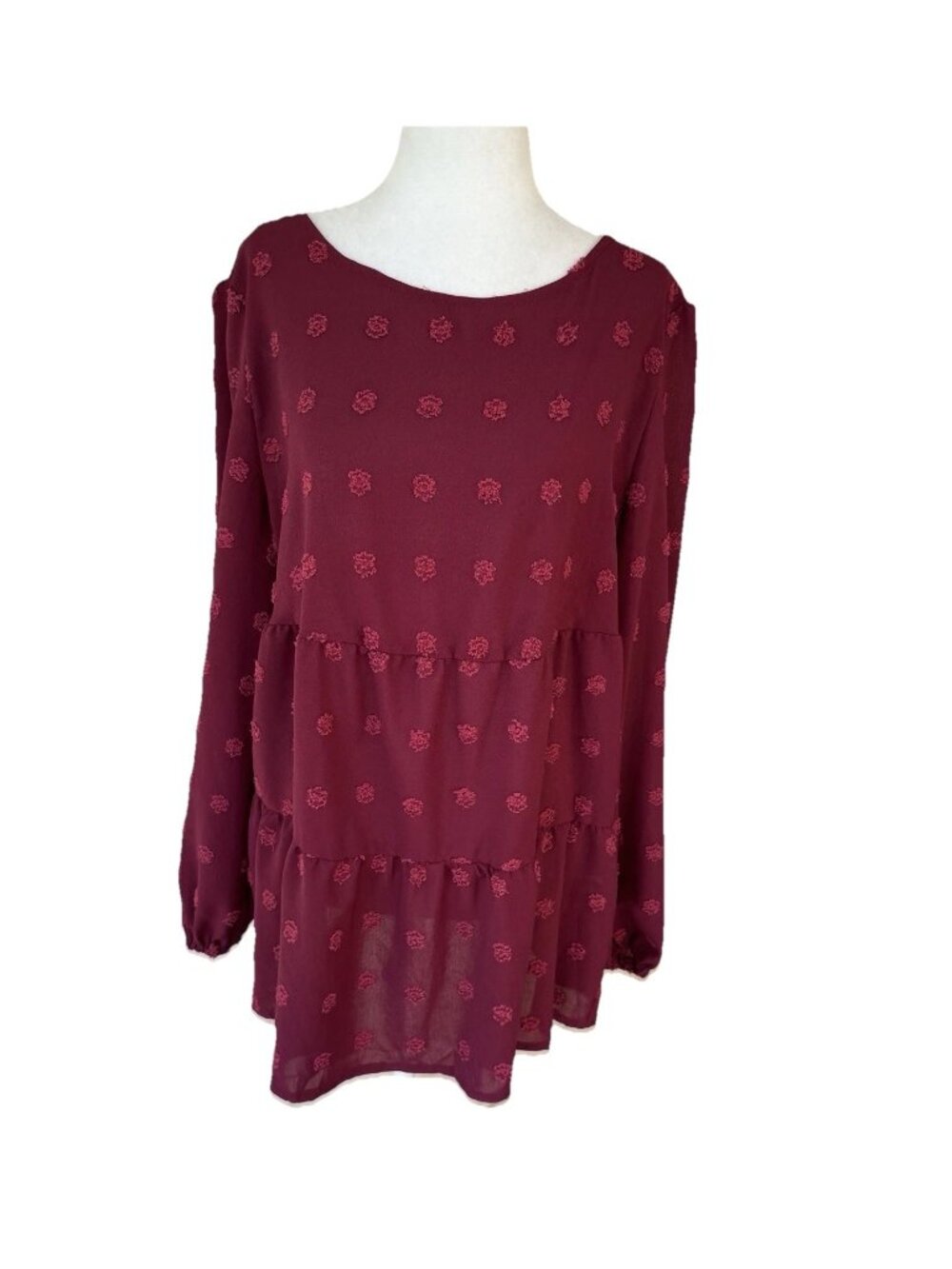 SHEIN Women Burgundy Puffy Polka Dot Baby Doll Long Sleeve Blouse Top Large
